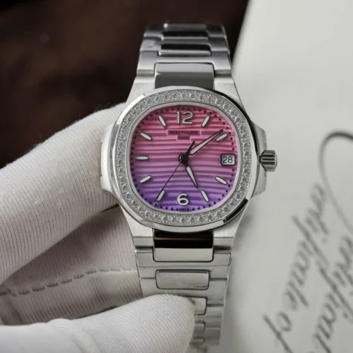 Patek Philippe Nautilus 7010R Imitation Watch Purple Pink Dial Diamonds Bezel 32mm